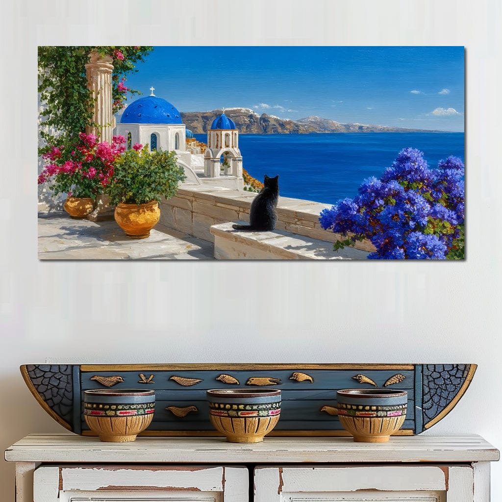 Santorini Blue Domes Cat Escape Canvas Wall Art
