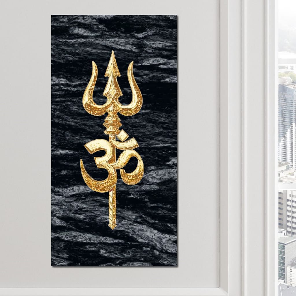 Golden Om Trishul Emblem Canvas Wall Art