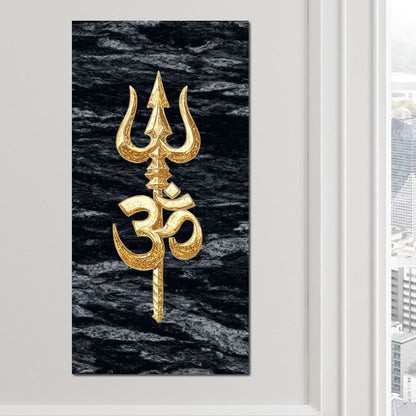 Golden Om Trishul Emblem Canvas Wall Art