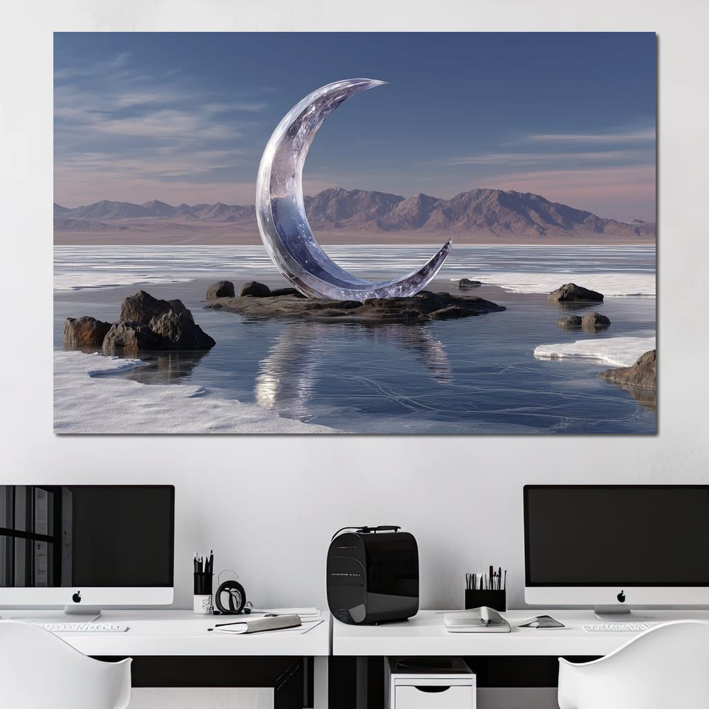 Silver Crescent Over Salt Flats Canvas Wall Art