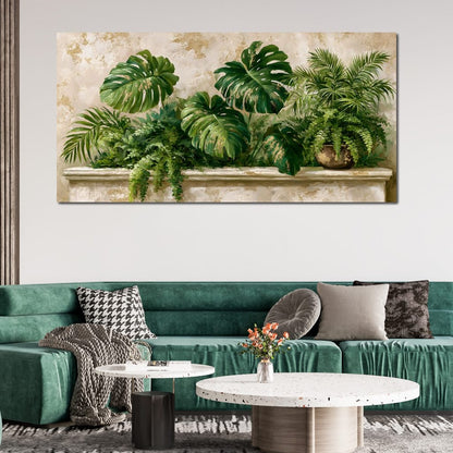 Sun Dappled Foliage On A Plaster Ledge Canvas Wall Art