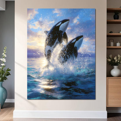 Breaching Orcas Dawn Ocean Dance Canvas Wall Art