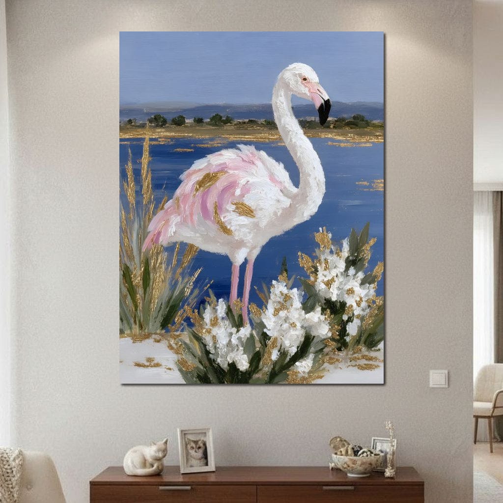 Coastal Flamingo Gold Glint Canvas Wall Art
