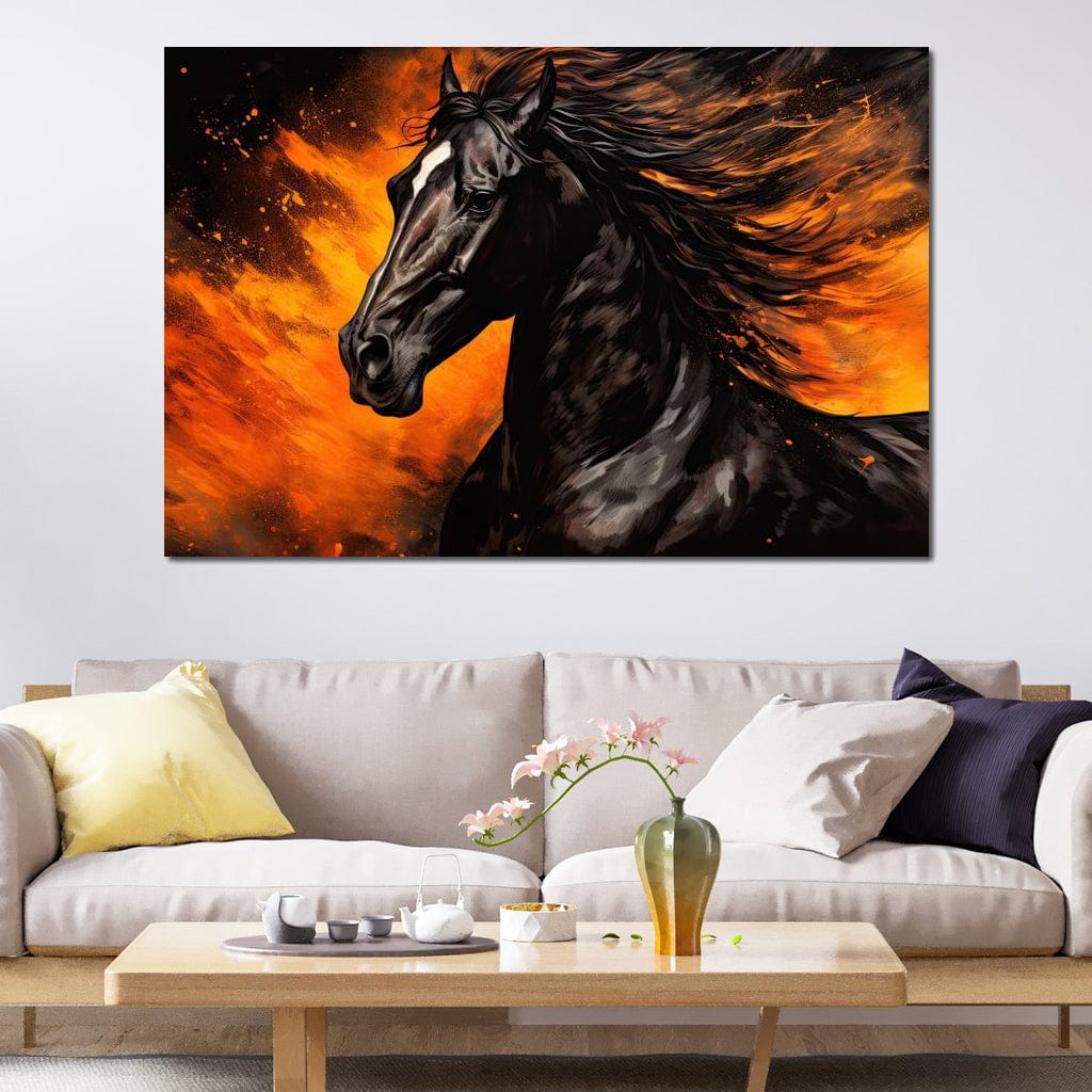 Stallion Amidst Ember Blaze Canvas Wall Art