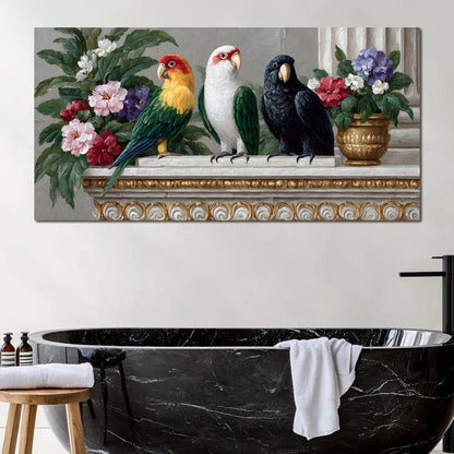 Parrot Trio On Florid Ledge Canvas Wall Art
