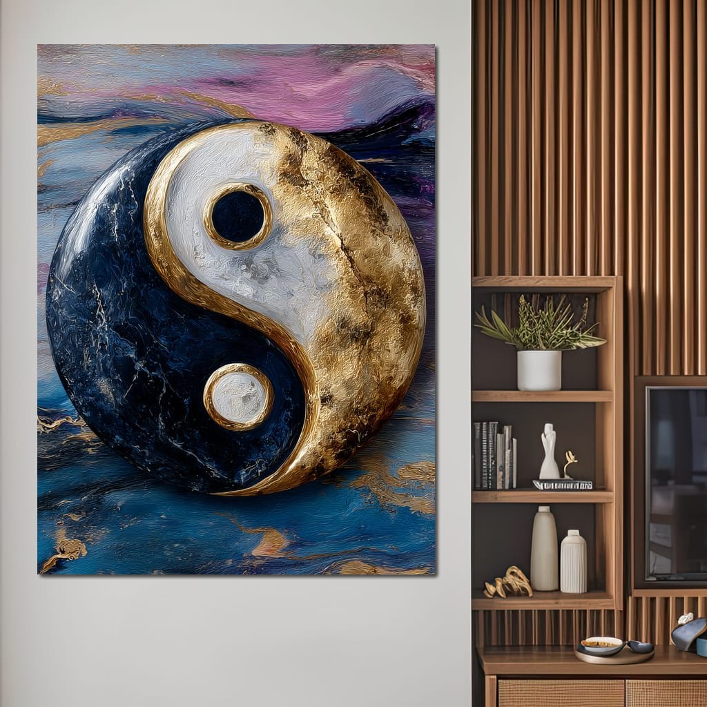 Golden Yin Yang Balance Flow Canvas Wall Art