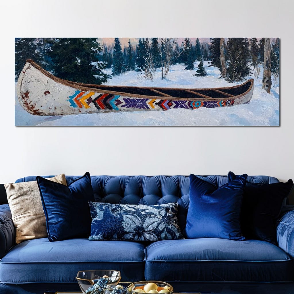 Painted Canoe Among Winter Pines Canvas Wall Art