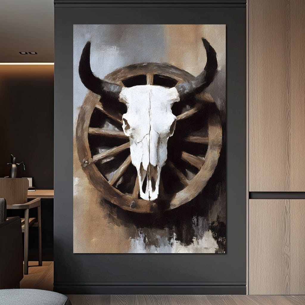 Western Bull Skull Wagon Wheel Canvas Wall Art