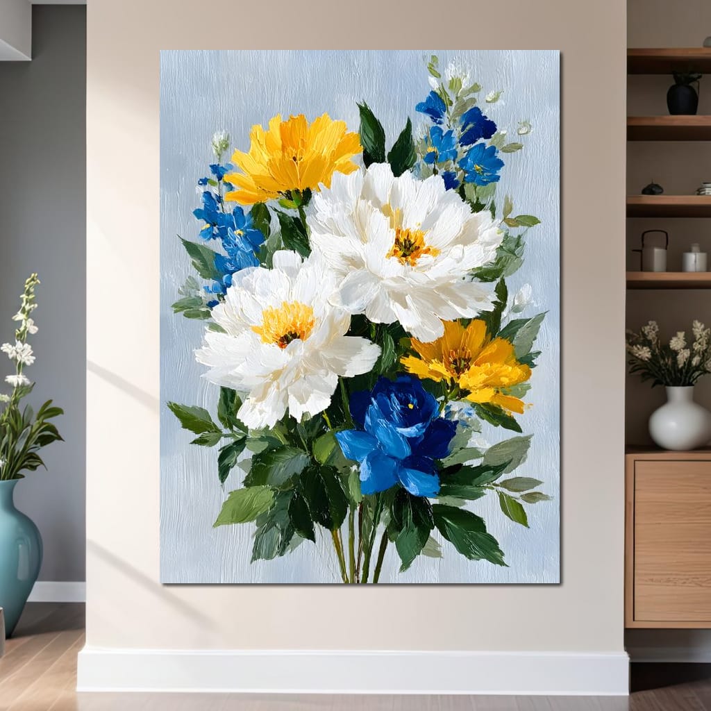 Golden White Blue Garden Posey Canvas Wall Art
