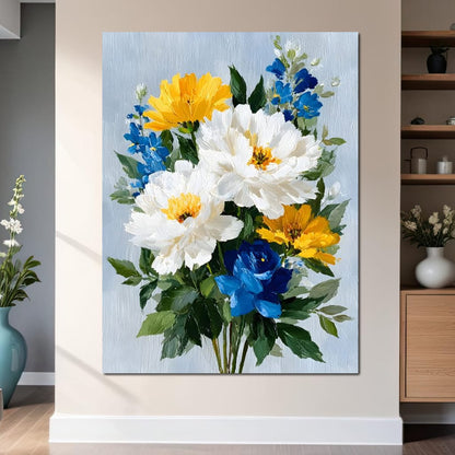 Golden White Blue Garden Posey Canvas Wall Art