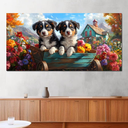 Puppy Paradise in Bloom Canvas Wall Art