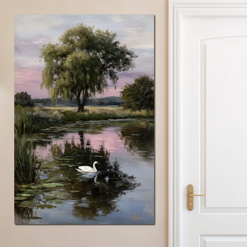 Swan Pond Willow Sunset Sky Canvas Wall Art