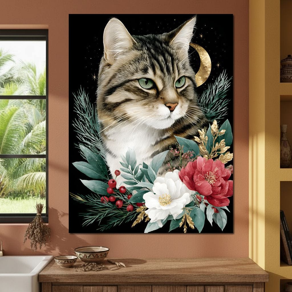Moonlit Floral Gold Tabby Canvas Wall Art