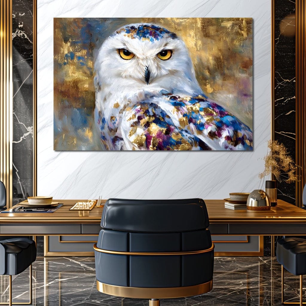 Golden Snow Owl Portrait Canvas Wall Art