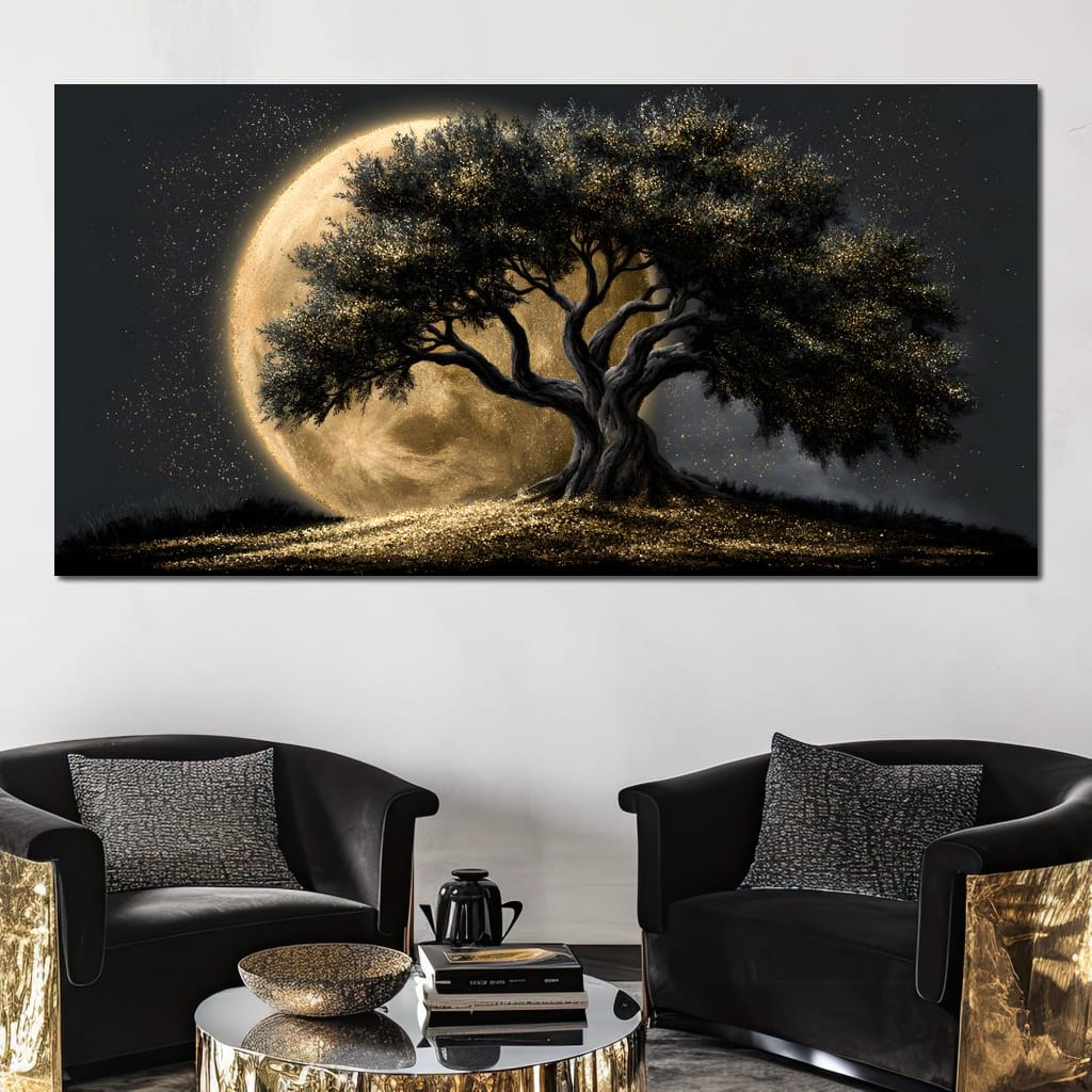 Gilded Roots Beneath A Radiant Moon Canvas Wall Art