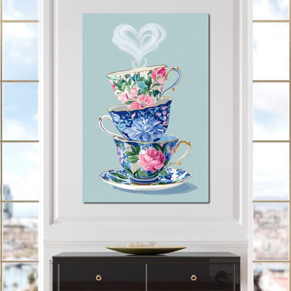 Vintage Floral Teacup Stack Delight Canvas Wall Art