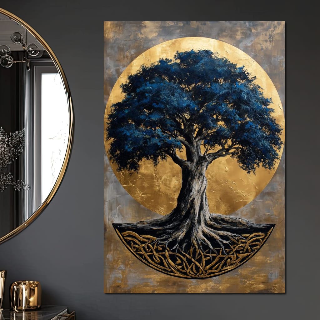 Golden Halo Blue Tree of Life Canvas Wall Art