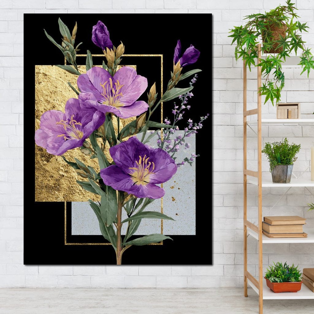 Golden Frame Violet Blossoms Canvas Wall Art