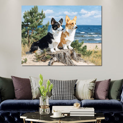 Coastal Corgi Pair Lookout Canvas Wall Art