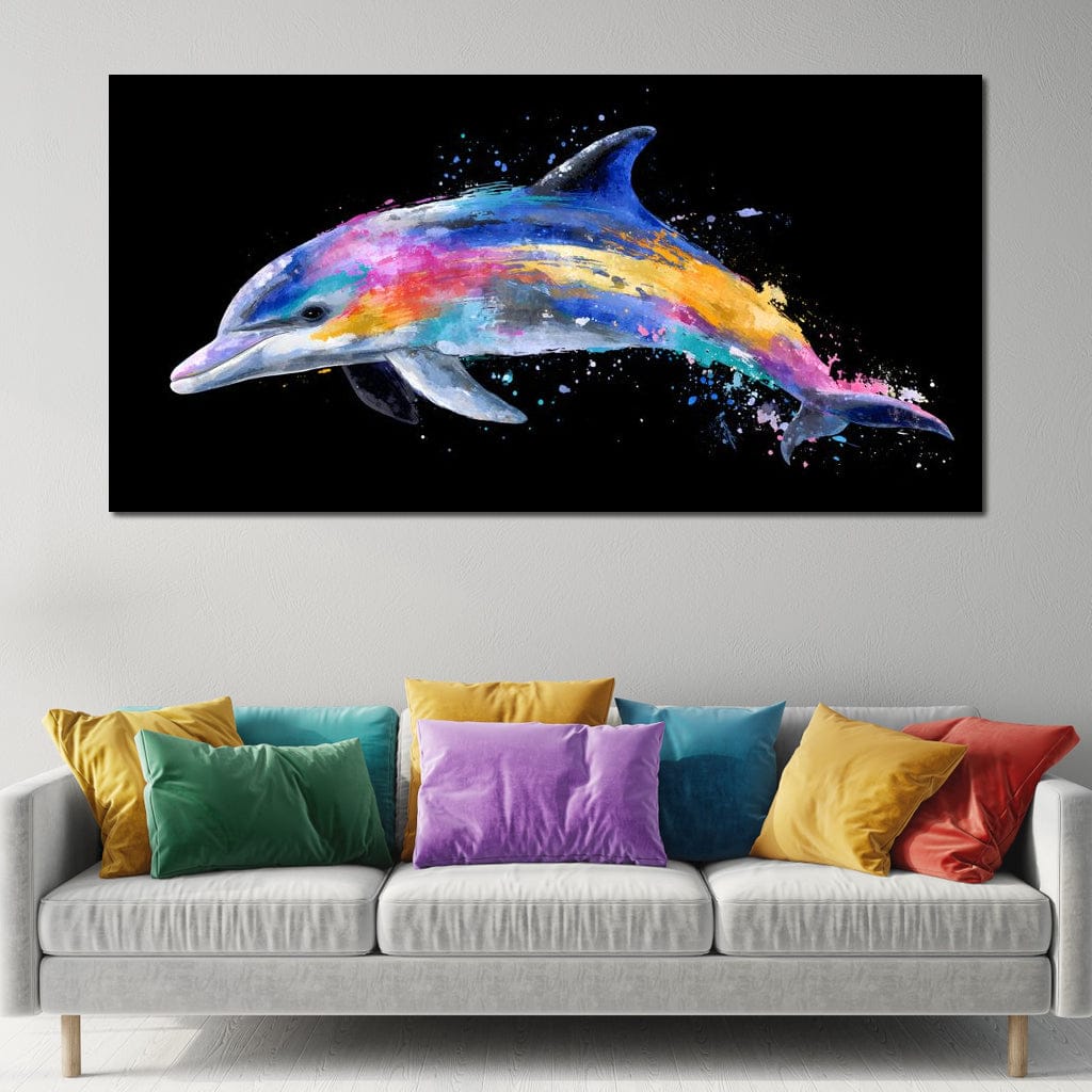Rainbow Dolphin Splash Flight Canvas Wall Art
