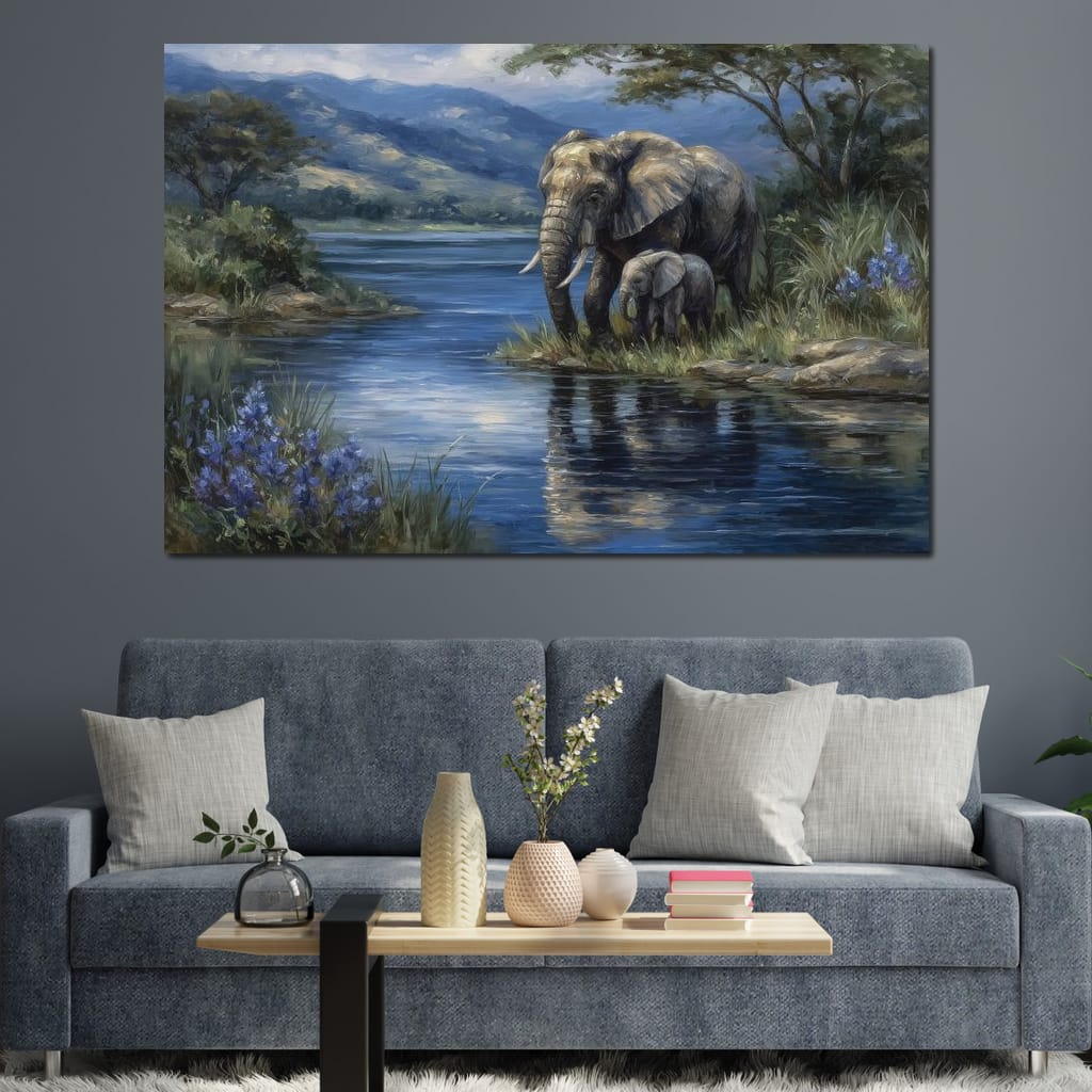 Elephant Family Riverbank Dream Canvas Wall Art