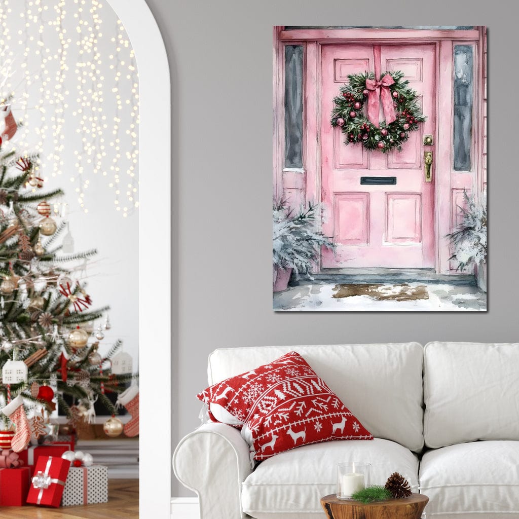 Winter Welcome Pink Door Canvas Wall Art