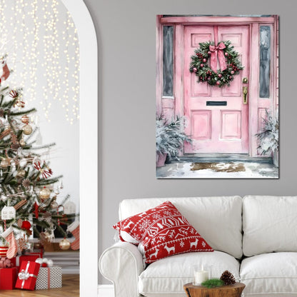 Winter Welcome Pink Door Canvas Wall Art