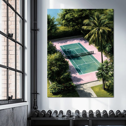 Palm Court Tennis Retreat Scene Canvas Wall Art