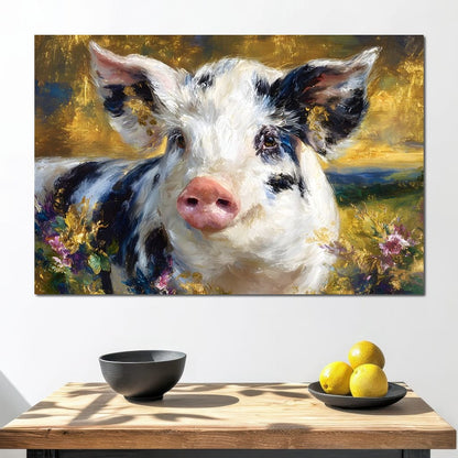 Golden Meadow Piglet Portrait Canvas Wall Art