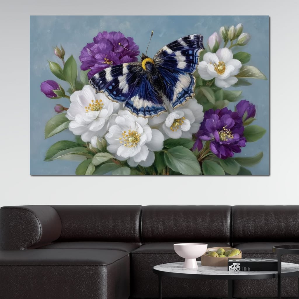 Blue Butterfly Garden Blossom Canvas Wall Art
