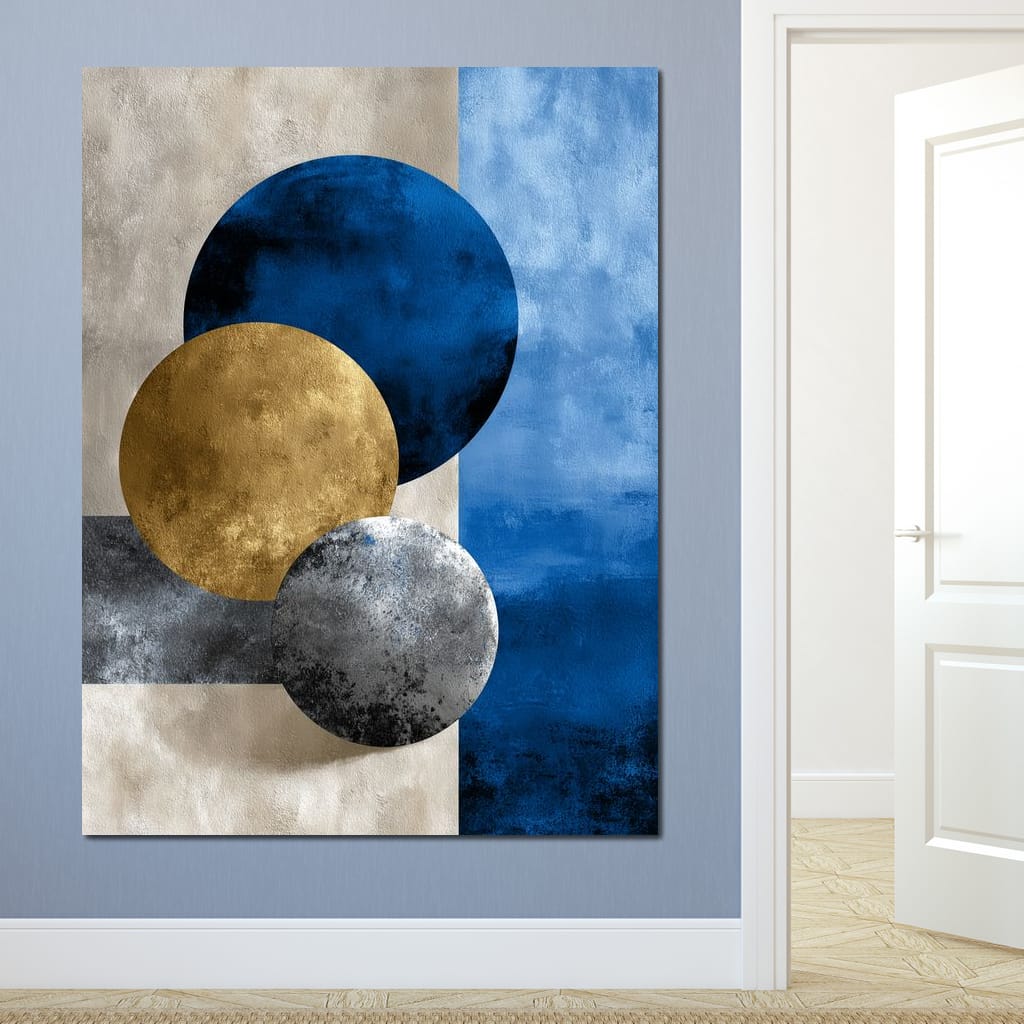 Modern Geometric Blue Gold Orbit Canvas Wall Art