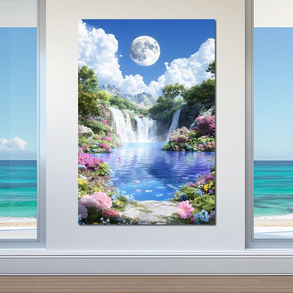 Lunar Reflection Over Falls Canvas Wall Art