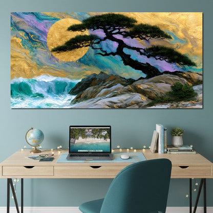Gilded Solstice Above The Rushing Tide Canvas Wall Art