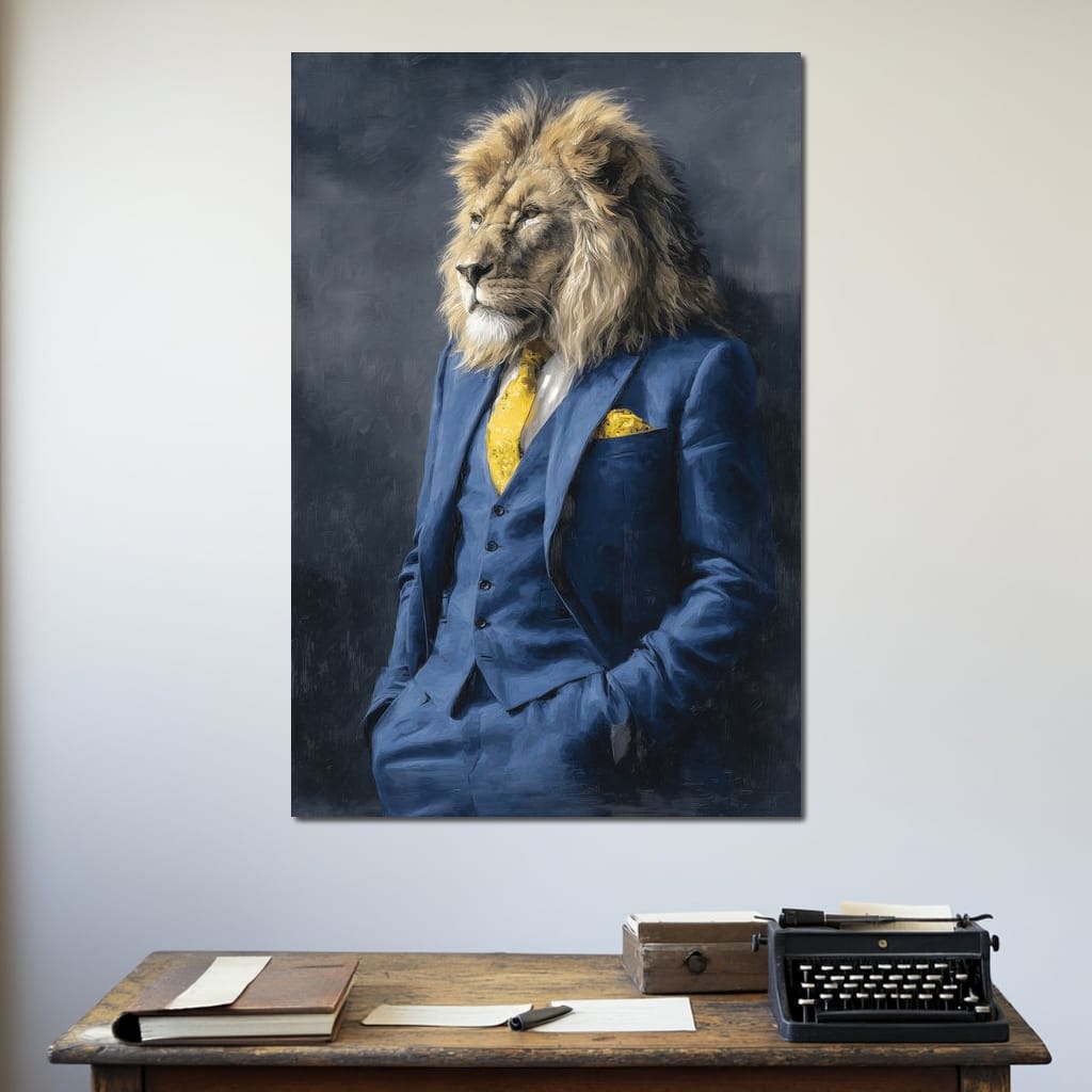 Regal Lion Portrait Blue Suit Canvas Wall Art