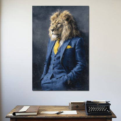 Regal Lion Portrait Blue Suit Canvas Wall Art