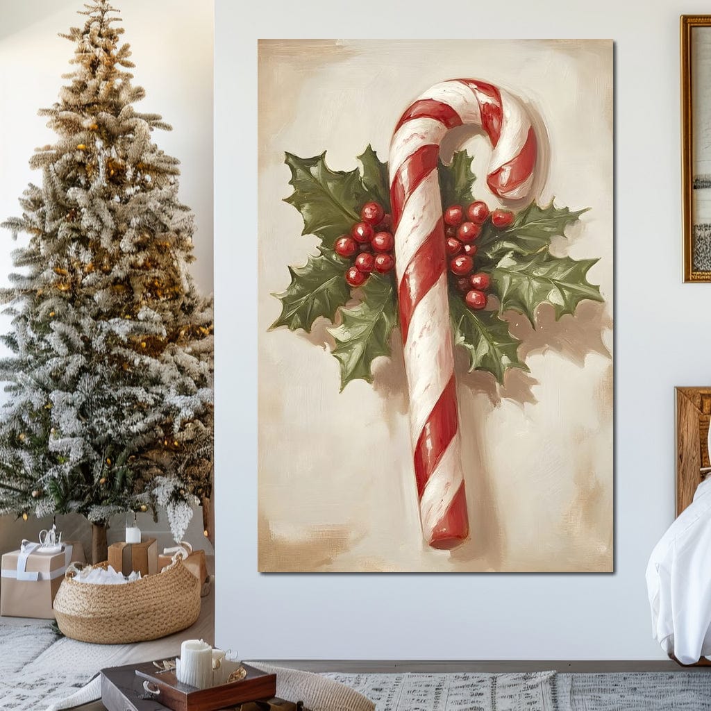 Christmas Candy Cane Holly Joy Canvas Wall Art
