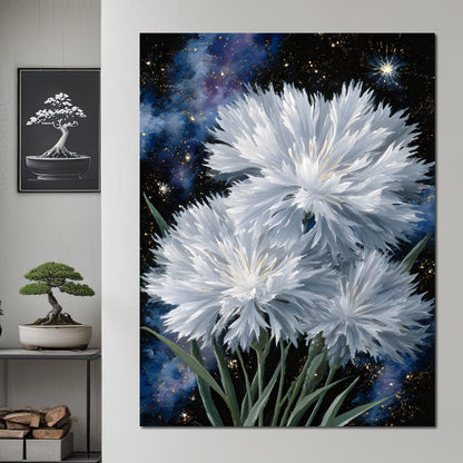 Starlit White Mum Bouquet Canvas Wall Art