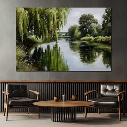 Willow Reflections Along Riverbank Canvas Wall Art
