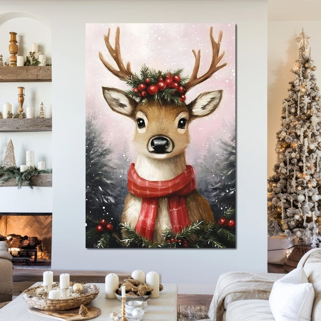 Holiday Reindeer Berries Cheer Canvas Wall Art
