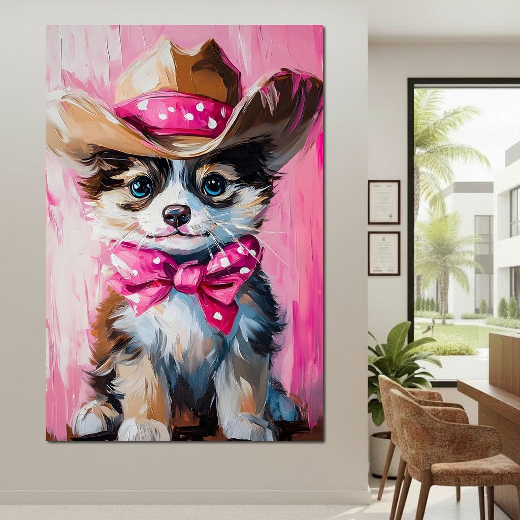 Cute Cowboy Puppy Pink Bow Charm Canvas Wall Art