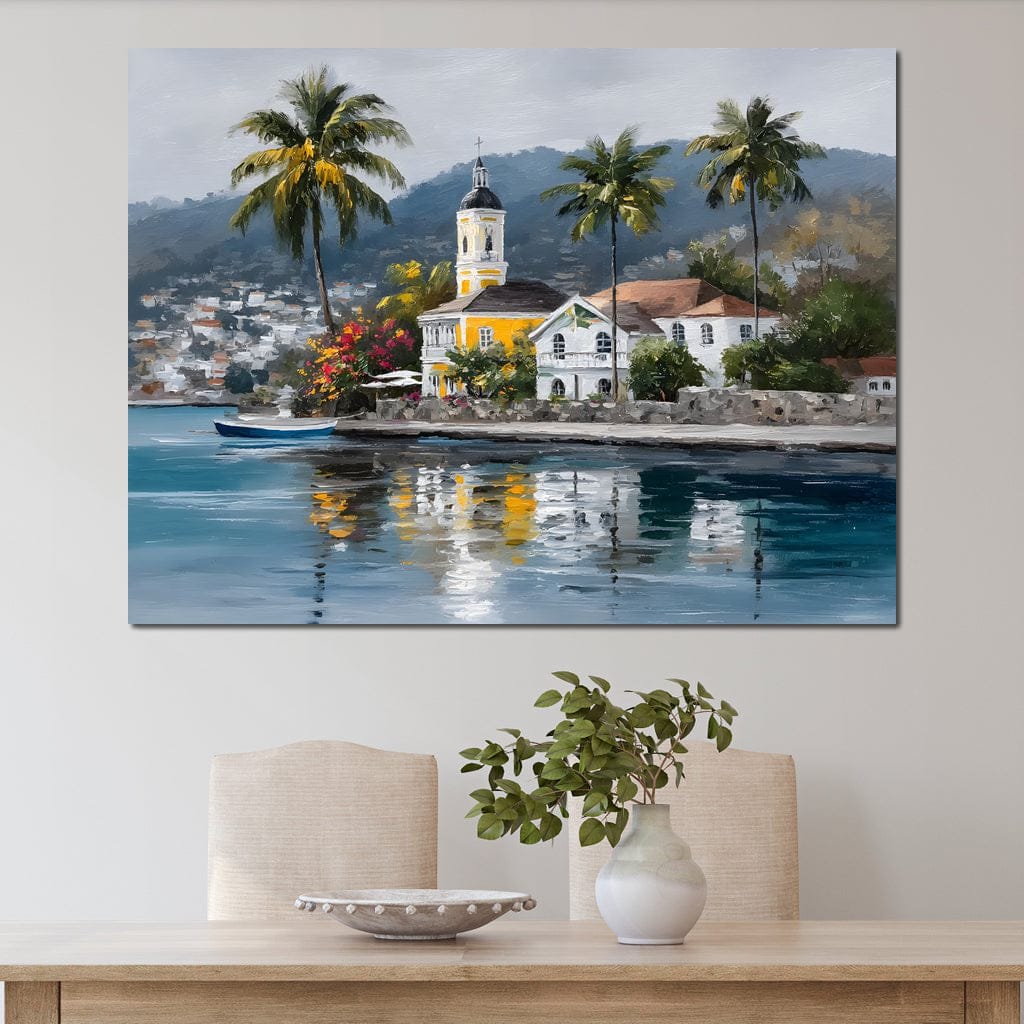 Tropical Harbor Church View Canvas Wall Art