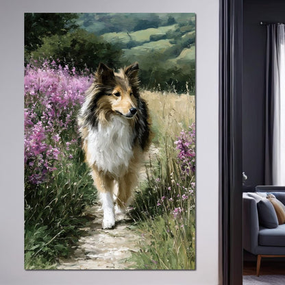 Sheltie Meadow Path Portrait Canvas Wall Art