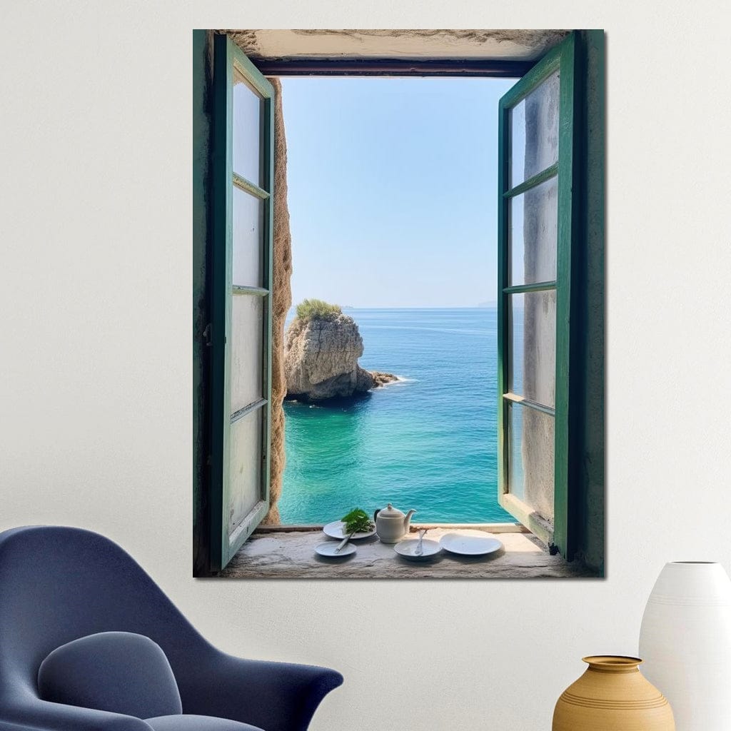 Oceanic Vista Through Wooden Pane Canvas Wall Art