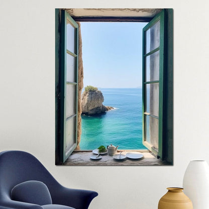 Oceanic Vista Through Wooden Pane Canvas Wall Art