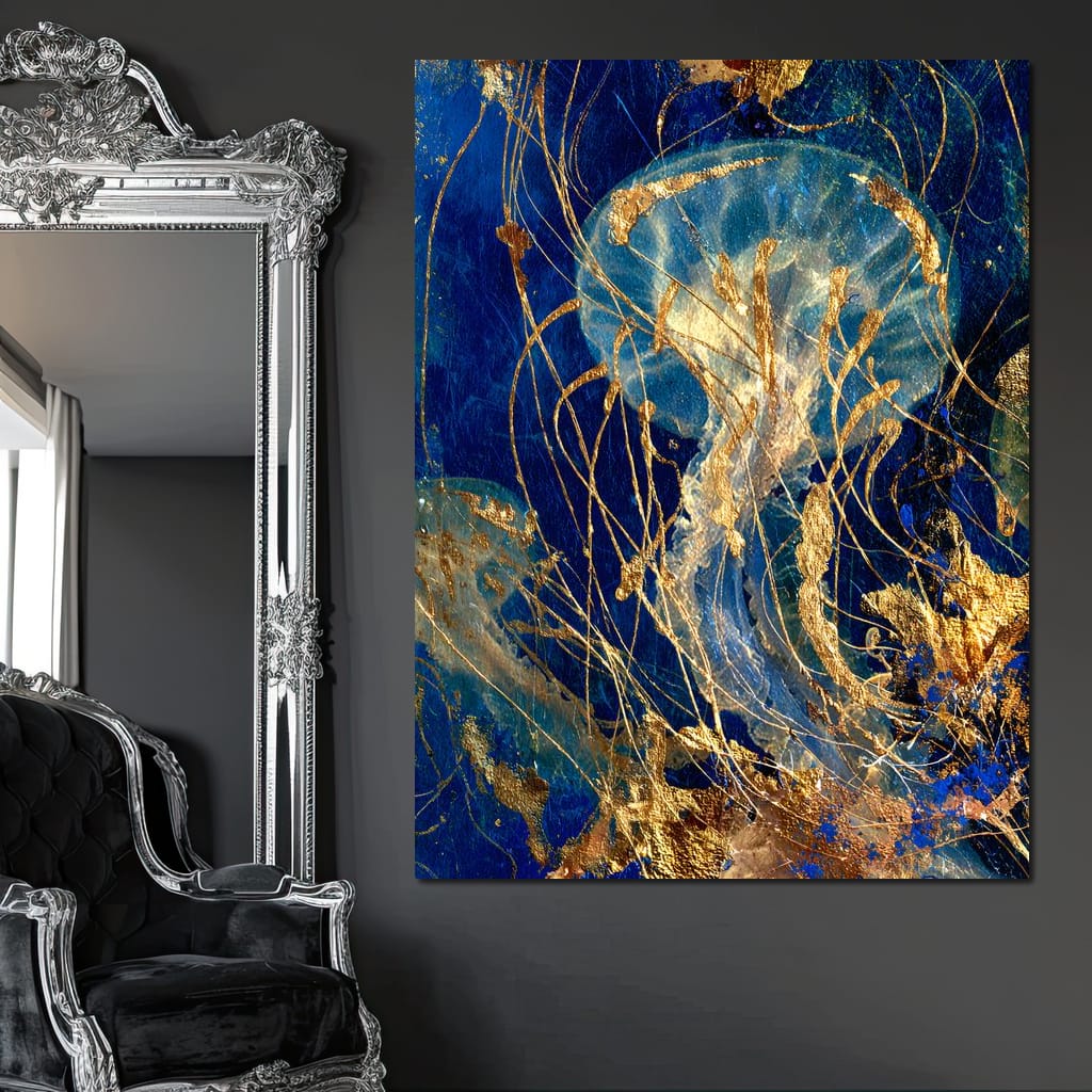 Golden Jellyfish Deep Blue Sea Canvas Wall Art