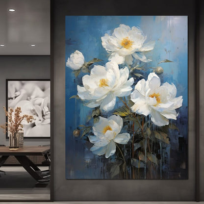 White Peonies on Light Blue Background Canvas Wall Art