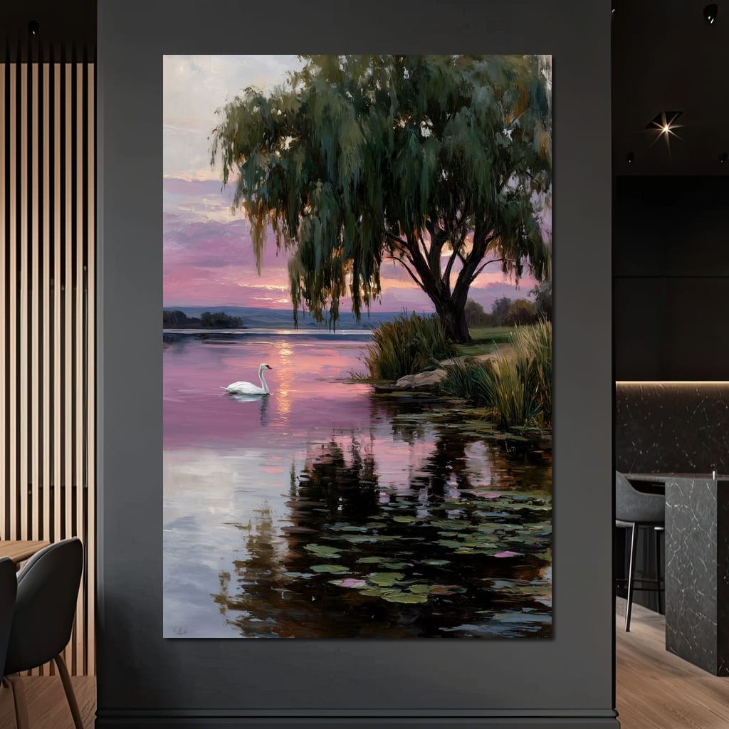 Swan Lake Sunset Willow Tree Canvas Wall Art