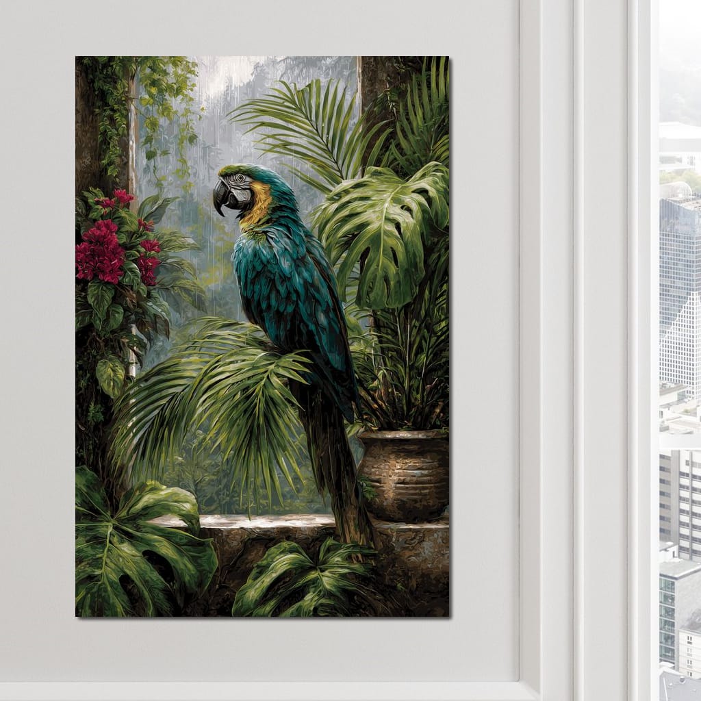 Rainforest Macaw Perch Scene Canvas Wall Art