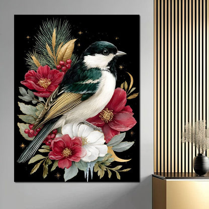 Moonlit Floral Gold Chickadee Canvas Wall Art