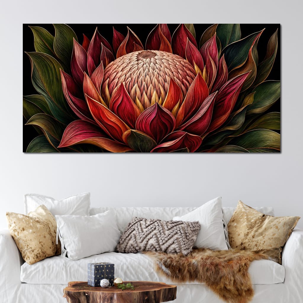 Crimson Protea Flame Crown Canvas Wall Art
